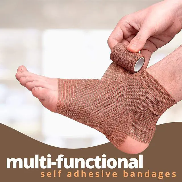 Alt view image 5 of 7 - 6 Pack, Self Adherent Cohesive Tape - 2" x 5 Yards, (Medium Tan Shade) Self Adhesive Bandage Rolls & Sports Athletic Wrap for Ankle, Wrist, Knee Sprains and Swelling - FDA Approved