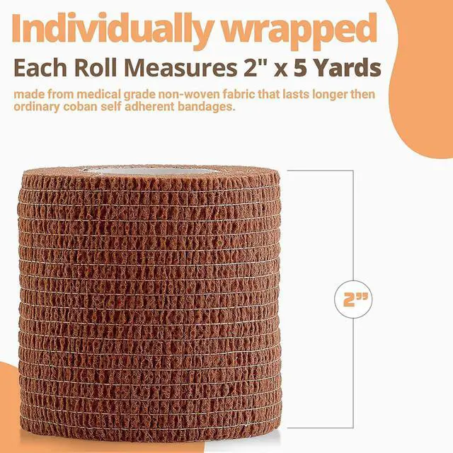 Alt view image 6 of 7 - 6 Pack, Self Adherent Cohesive Tape - 2" x 5 Yards, (Medium Tan Shade) Self Adhesive Bandage Rolls & Sports Athletic Wrap for Ankle, Wrist, Knee Sprains and Swelling - FDA Approved