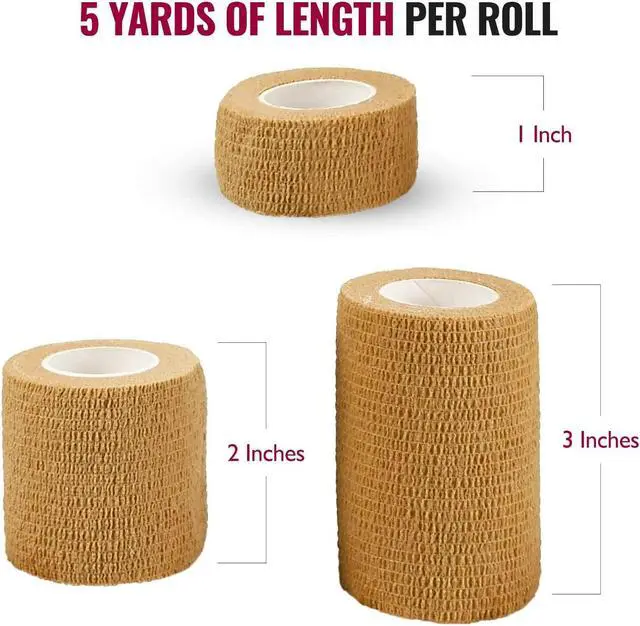 Alt view image 3 of 7 - Tape Wrap, Self Adherent Rap Tape, Adhering Stick Bandage, Self Grip Roll 1 Inche 2 Inch and 3 inch X 5 YARDS 6 of Each Size Total of 18 Rolls "Skin Color"