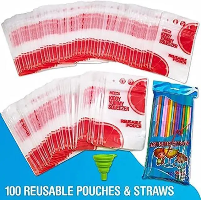 Alt view image 5 of 7 - New Reusable Drink Pouches- 100 Clear Drink Bags+100 Straws Double Zipper Reusable Smoothie Juice, Clear Zipper Pouch Storage with No Leaks, Environmentally Friendly& BPA Free,( 201 Piece Set)