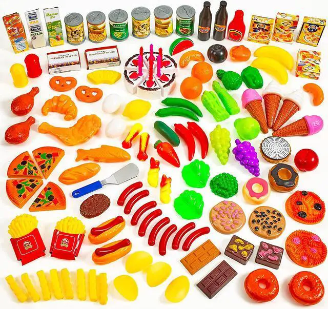 Main image of MEDca Kids Play Food Set - 130 Piece Pretend Play Food Collection - Assorted Fake Food Set Includes Fruits Vegetables Snacks Dessert Juices Canned Goods and More for Boys and Girls