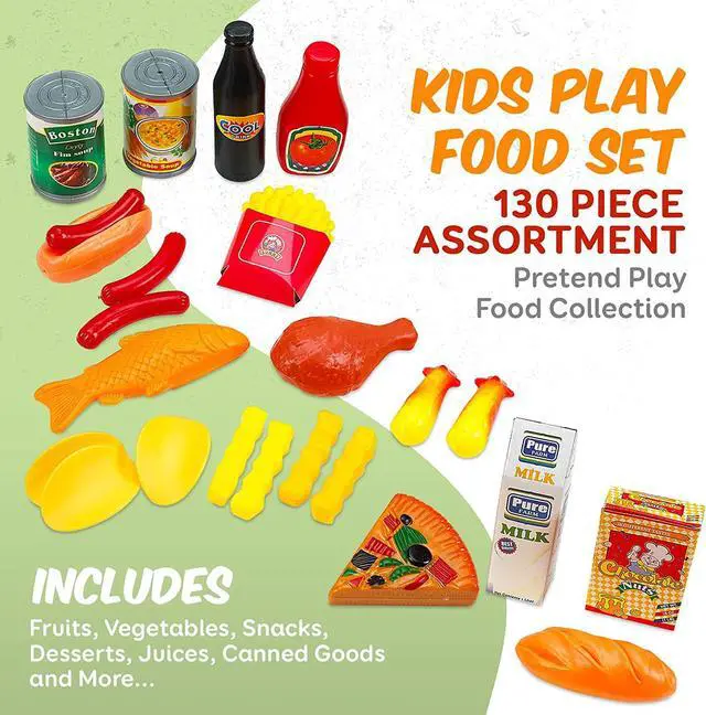 Alt view image 3 of 7 - MEDca Kids Play Food Set - 130 Piece Pretend Play Food Collection - Assorted Fake Food Set Includes Fruits Vegetables Snacks Dessert Juices Canned Goods and More for Boys and Girls