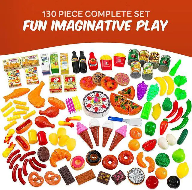Alt view image 5 of 7 - MEDca Kids Play Food Set - 130 Piece Pretend Play Food Collection - Assorted Fake Food Set Includes Fruits Vegetables Snacks Dessert Juices Canned Goods and More for Boys and Girls