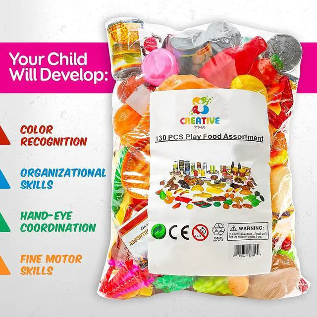 Alt view image 6 of 7 - MEDca Kids Play Food Set - 130 Piece Pretend Play Food Collection - Assorted Fake Food Set Includes Fruits Vegetables Snacks Dessert Juices Canned Goods and More for Boys and Girls