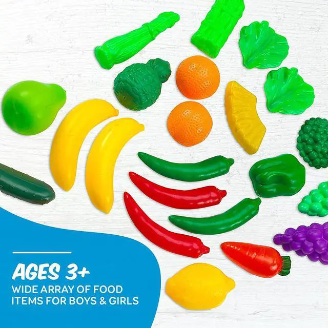 Alt view image 7 of 7 - MEDca Kids Play Food Set - 130 Piece Pretend Play Food Collection - Assorted Fake Food Set Includes Fruits Vegetables Snacks Dessert Juices Canned Goods and More for Boys and Girls