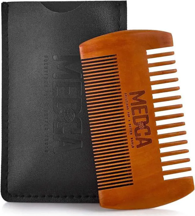 Main image of Wooden Beard Comb for Men - Pack of 2, Handcrafted Solid Beechwood Beard Combs, Mustache and Head Hair Pocket Comb with Leather Case - Dual Action Fine & Coarse Teeth