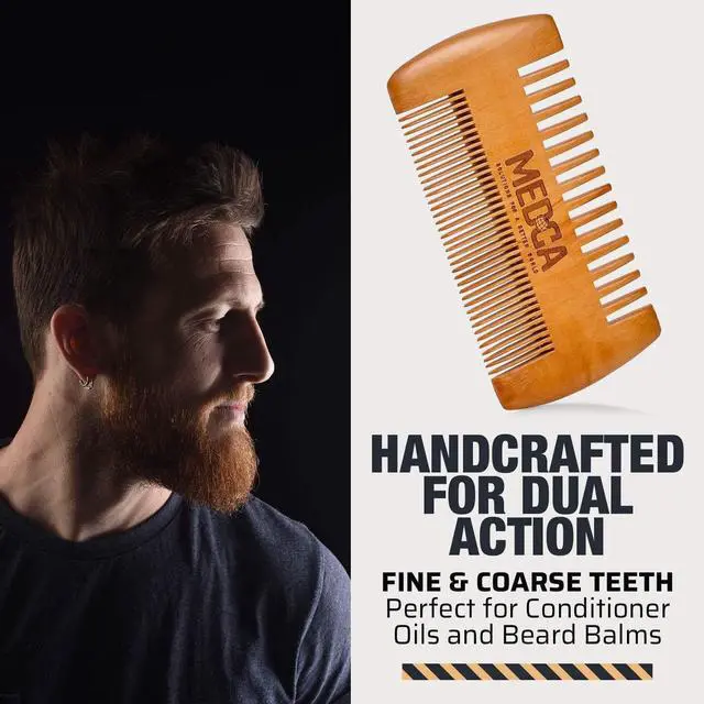Alt view image 3 of 7 - Wooden Beard Comb for Men - Pack of 2, Handcrafted Solid Beechwood Beard Combs, Mustache and Head Hair Pocket Comb with Leather Case - Dual Action Fine & Coarse Teeth