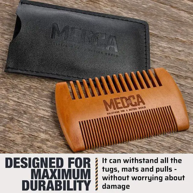 Alt view image 4 of 7 - Wooden Beard Comb for Men - Pack of 2, Handcrafted Solid Beechwood Beard Combs, Mustache and Head Hair Pocket Comb with Leather Case - Dual Action Fine & Coarse Teeth