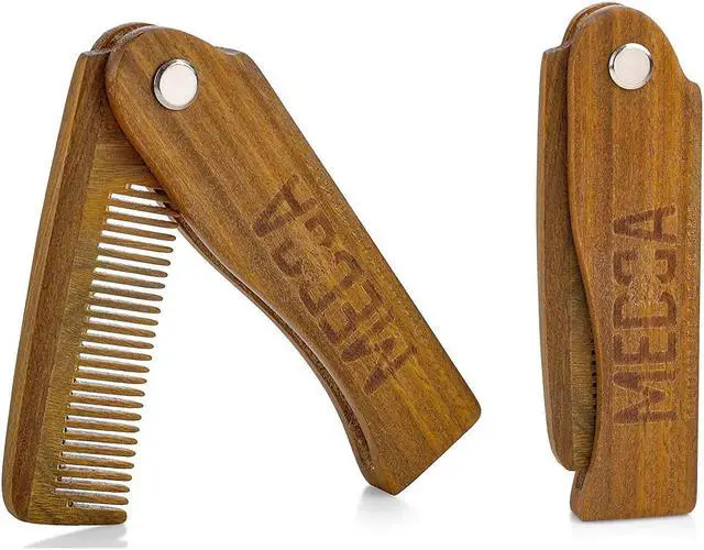 Main image of Folding Wooden Comb - 2-Pack, Solid Sandalwood Construction - Fine Tooth Pocket Sized Beard, Mustache, Head Hair Brush Combs for Men for All Hair Types - Travel, Styling & Detangler