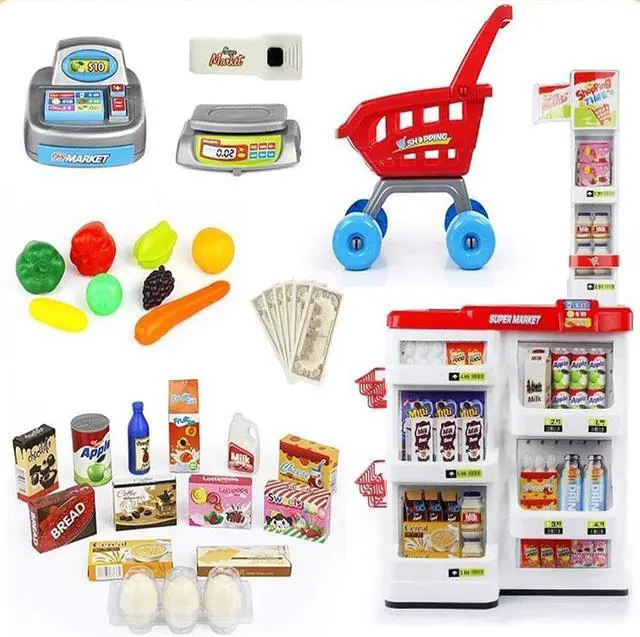 Alt view image 2 of 7 - MEDca Kids Play Supermarket Set with Scanner - Pretend Play Grocery Shop Set - 47 Piece Complete Playset with Cash Register Credit Card Machine Scanner Shop Trolley and Food Gift for Boys and Girls
