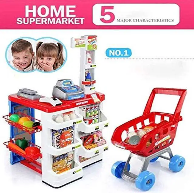 Alt view image 3 of 7 - MEDca Kids Play Supermarket Set with Scanner - Pretend Play Grocery Shop Set - 47 Piece Complete Playset with Cash Register Credit Card Machine Scanner Shop Trolley and Food Gift for Boys and Girls