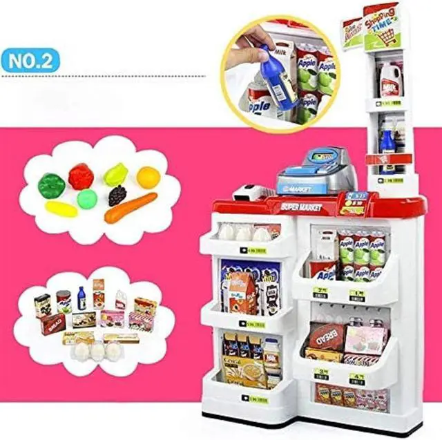 Alt view image 4 of 7 - MEDca Kids Play Supermarket Set with Scanner - Pretend Play Grocery Shop Set - 47 Piece Complete Playset with Cash Register Credit Card Machine Scanner Shop Trolley and Food Gift for Boys and Girls