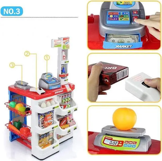 Alt view image 5 of 7 - MEDca Kids Play Supermarket Set with Scanner - Pretend Play Grocery Shop Set - 47 Piece Complete Playset with Cash Register Credit Card Machine Scanner Shop Trolley and Food Gift for Boys and Girls