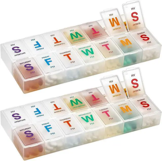 Main image of Large Weekly Pill Organizer - (2 Pack) AM PM Pill Box - XL 7 Day Pill Organizer 2 Times A Day and Daily Pill Organizer Case for Medication, Pills, Supplements with Braille, Bright, Easy to Read