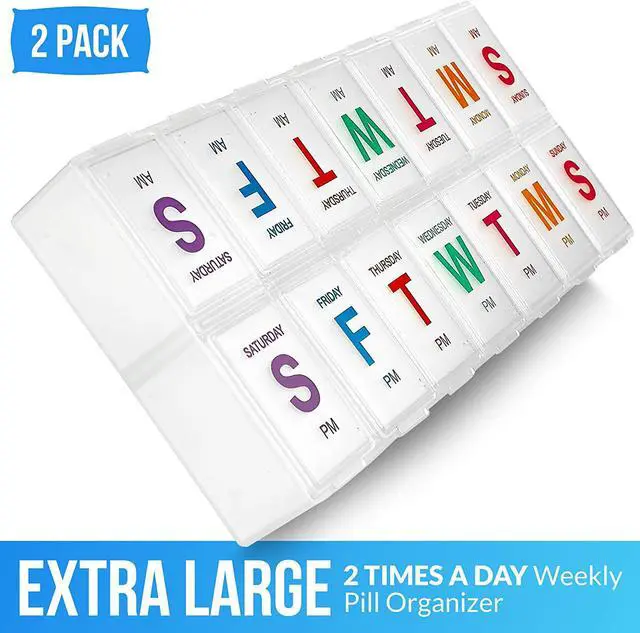 Alt view image 2 of 7 - Large Weekly Pill Organizer - (2 Pack) AM PM Pill Box - XL 7 Day Pill Organizer 2 Times A Day and Daily Pill Organizer Case for Medication, Pills, Supplements with Braille, Bright, Easy to Read