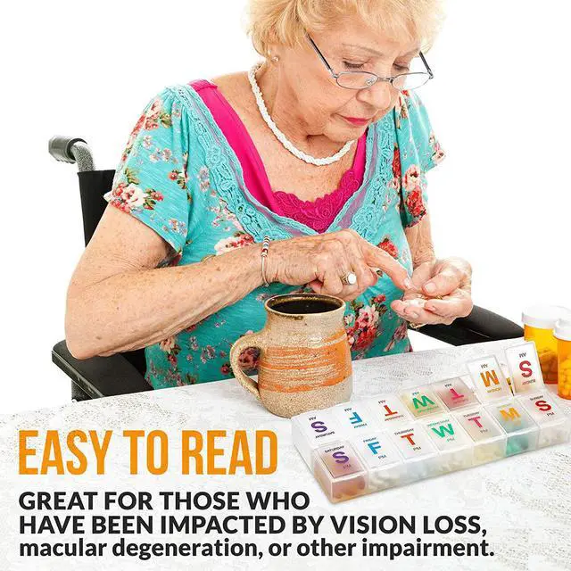 Alt view image 3 of 7 - Large Weekly Pill Organizer - (2 Pack) AM PM Pill Box - XL 7 Day Pill Organizer 2 Times A Day and Daily Pill Organizer Case for Medication, Pills, Supplements with Braille, Bright, Easy to Read