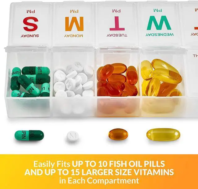 Alt view image 5 of 7 - Large Weekly Pill Organizer - (2 Pack) AM PM Pill Box - XL 7 Day Pill Organizer 2 Times A Day and Daily Pill Organizer Case for Medication, Pills, Supplements with Braille, Bright, Easy to Read