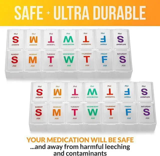 Alt view image 6 of 7 - Large Weekly Pill Organizer - (2 Pack) AM PM Pill Box - XL 7 Day Pill Organizer 2 Times A Day and Daily Pill Organizer Case for Medication, Pills, Supplements with Braille, Bright, Easy to Read