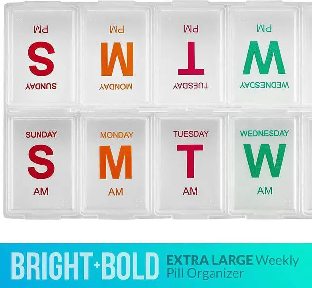 Alt view image 7 of 7 - Large Weekly Pill Organizer - (2 Pack) AM PM Pill Box - XL 7 Day Pill Organizer 2 Times A Day and Daily Pill Organizer Case for Medication, Pills, Supplements with Braille, Bright, Easy to Read