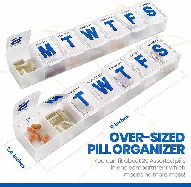 Alt view image 5 of 7 - Weekly Pill Organizer - (Pack of 2) Extra Large Vitamin Container with Jumbo Easy to Read Letters, BPA Free - Daily Travel 7 Day Medication Pill Box Case