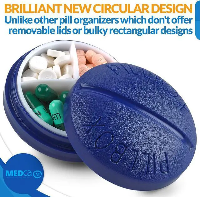 Alt view image 6 of 7 - Small Pill Boxes - Pack of 2 - Mini Compact Round Portable 4 Compartment Travel Pills Case Organizer, Vitamin and Medication Dispenser Holder for Up to 4 Times a Day, BPA Free Pill Reminder