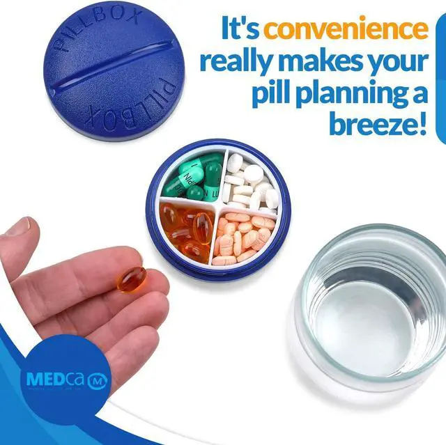 Alt view image 7 of 7 - Small Pill Boxes - Pack of 2 - Mini Compact Round Portable 4 Compartment Travel Pills Case Organizer, Vitamin and Medication Dispenser Holder for Up to 4 Times a Day, BPA Free Pill Reminder