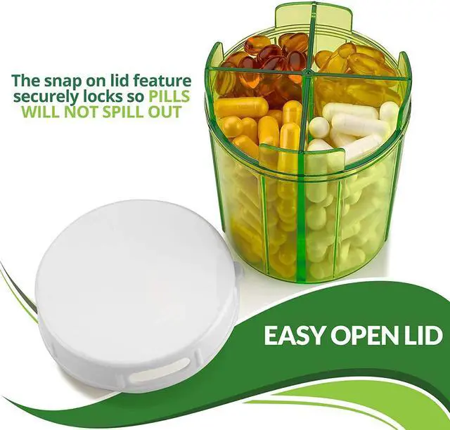 Alt view image 3 of 7 - Round Pill Organizer Dispenser - Pack of 2 - Pill Boxes with 4 Compartments for Medication, Vitamins & Supplements Bottle Daily Pill Case Reminder Box
