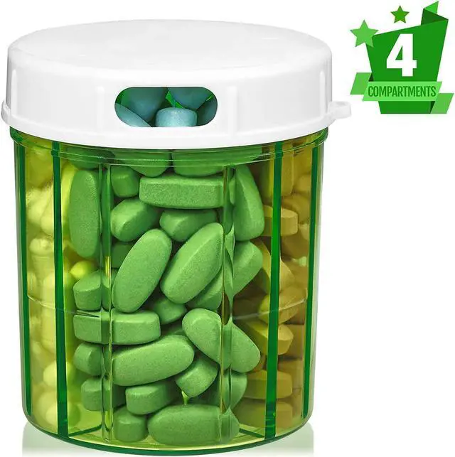 Alt view image 7 of 7 - Round Pill Organizer Dispenser - Pack of 2 - Pill Boxes with 4 Compartments for Medication, Vitamins & Supplements Bottle Daily Pill Case Reminder Box