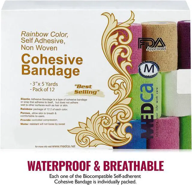 Alt view image 7 of 7 - MEDca Self Adherent Cohesive Wrap Bandages 3 Inches X 5 Yards 12 Count with Strong Elastic and Colorful First Aid Tape for Sprain Swelling and Soreness on Wrist and Ankle (Rainbow Color)