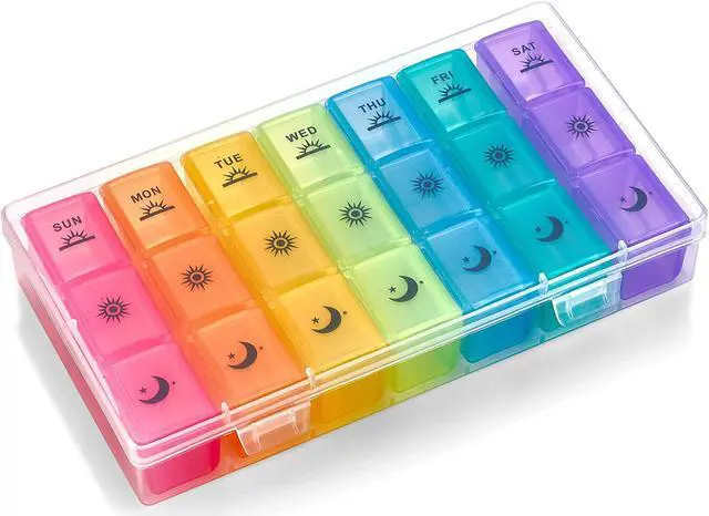 Main image of Weekly Pill Organizer Case  3-Times-a-Day Pill Box - Large Plastic Dispenser with 7-Daily Morning Noon & Night Compartments for Pills, Supplements, Fish Oils and Vitamins