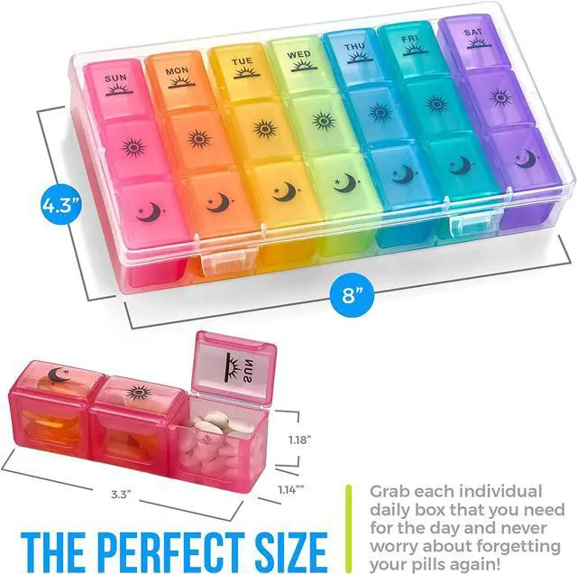 Alt view image 5 of 7 - Weekly Pill Organizer Case  3-Times-a-Day Pill Box - Large Plastic Dispenser with 7-Daily Morning Noon & Night Compartments for Pills, Supplements, Fish Oils and Vitamins