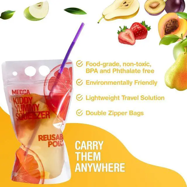 Alt view image 7 of 7 - Reusable Drink Pouches - (402 Piece Set) 200 Clear Drink Bags + 200 Straws - 16 oz BPA Free - Double Zipper Reusable Smoothie Juice, Clear Zipper Pouch Storage with No Leaks, Environmentally Friendly