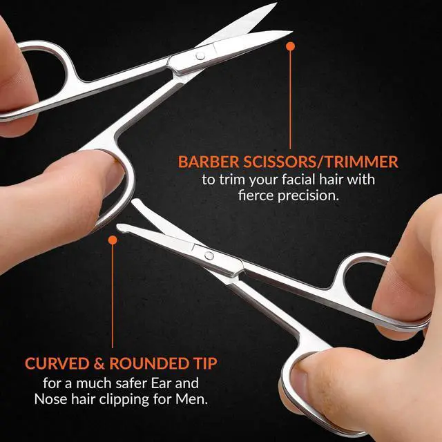 Alt view image 5 of 7 - Stainless Steel Grooming Scissors - Eyebrow Scissor, Beard & Mustache Trimming Set, Small Curved & Rounded Tip Facial Hair Trimmer Kit for A Much Safer Ear, Nose Hair Clipper for Men & Travel Case