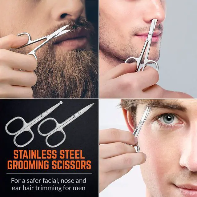 Alt view image 6 of 7 - Stainless Steel Grooming Scissors - Eyebrow Scissor, Beard & Mustache Trimming Set, Small Curved & Rounded Tip Facial Hair Trimmer Kit for A Much Safer Ear, Nose Hair Clipper for Men & Travel Case