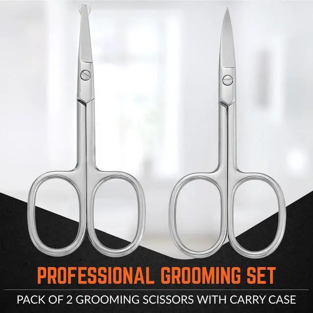 Alt view image 7 of 7 - Stainless Steel Grooming Scissors - Eyebrow Scissor, Beard & Mustache Trimming Set, Small Curved & Rounded Tip Facial Hair Trimmer Kit for A Much Safer Ear, Nose Hair Clipper for Men & Travel Case