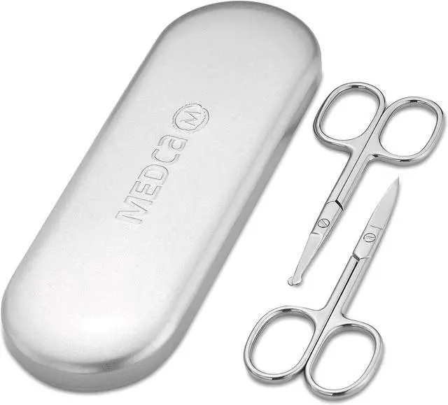 Main image of Stainless Steel Grooming Scissors - Eyebrow Scissor, Beard & Mustache Trimming Set, Small Curved & Rounded Tip Facial Hair Trimmer Kit for A Much Safer Ear, Nose Hair Clipper for Men & Travel Case