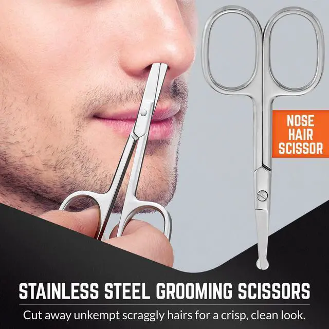 Alt view image 2 of 8 - Stainless Steel Grooming Scissors - Eyebrow Scissor, Beard & Mustache Trimming Set, Small Curved & Rounded Tip Facial Hair Trimmer Kit for A Much Safer Ear, Nose Hair Clipper for Men & Travel Case