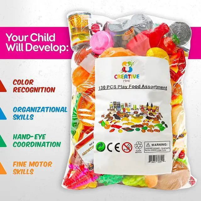Alt view image 6 of 7 - MEDca Kids Play Food Set - 130 Piece Pretend Play Food Collection - Assorted Fake Food Set Includes Fruits Vegetables Snacks Dessert Juices Canned Goods and More for Boys and Girls