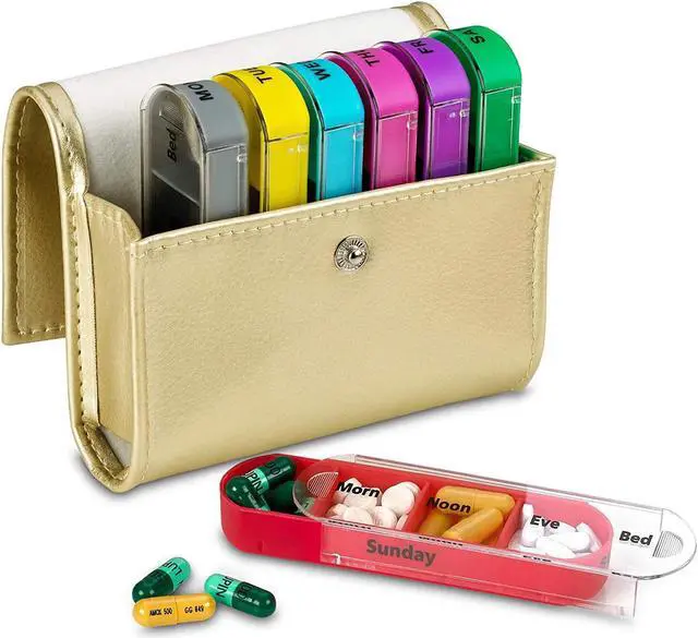 Main image of Weekly Travel Pill Organizer - Prescription and Medication Wallet Pill Box Reminder, Pill Container Dispenser Case, Vitamin Caddy Organizer, for 4 Times A Day, 7 Days a Week