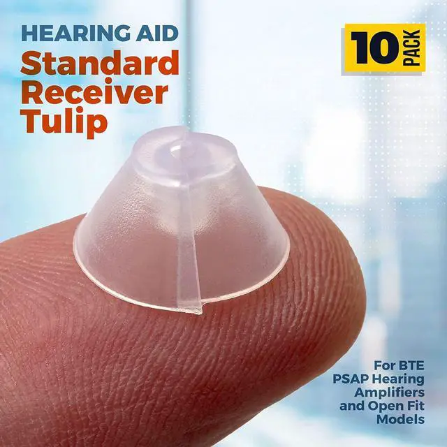 Alt view image 2 of 7 - MEDca Hearing Aid Standard Receiver Tulip Domes Compatible with GN Resound Sure Fit - 10-Pcs Universal Invisible Tip Replacement Ear Domes for BTE PSAP Hearing Amplifiers and Open Fit Models, Clear