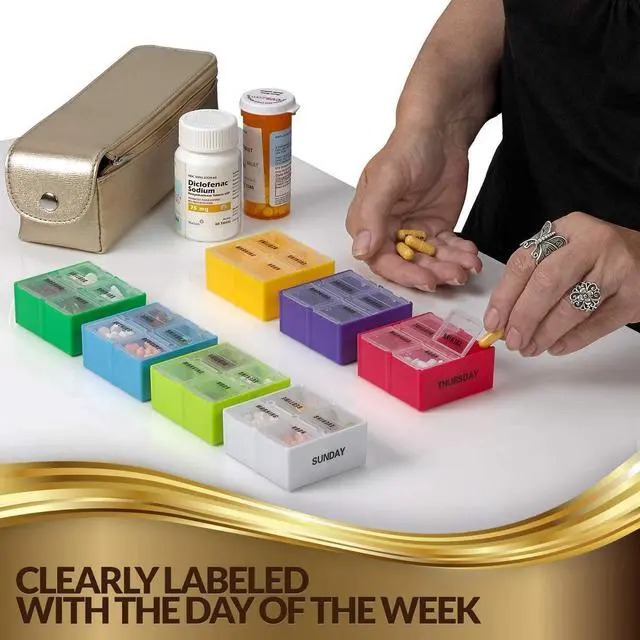 Alt view image 3 of 7 - 2 Pack, Large Weekly Pill Organizer Boxes in Gold Leather Case - 7 Day Week Pill Planner Organizers & Medication Reminder with 4 Times a Day - Daily Compartments That is Ideal for Travel