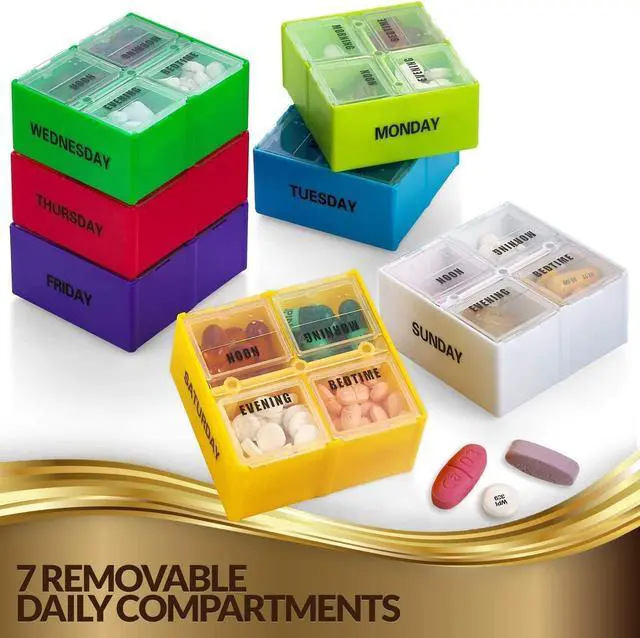 Alt view image 4 of 7 - 2 Pack, Large Weekly Pill Organizer Boxes in Gold Leather Case - 7 Day Week Pill Planner Organizers & Medication Reminder with 4 Times a Day - Daily Compartments That is Ideal for Travel