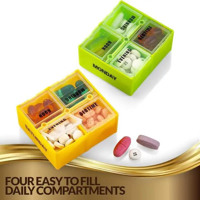 Alt view image 5 of 7 - 2 Pack, Large Weekly Pill Organizer Boxes in Gold Leather Case - 7 Day Week Pill Planner Organizers & Medication Reminder with 4 Times a Day - Daily Compartments That is Ideal for Travel