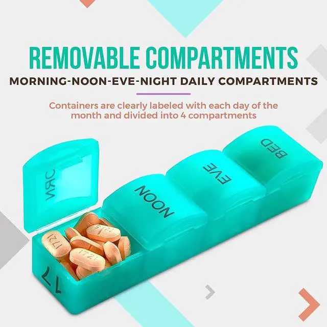 Alt view image 3 of 7 - Month Pill Box Organizer - 4 Times-a-Day Morning-Noon-Evening-Night - Large 32 Daily Pill Cases with Compartments for Vitamins, Supplements, Medication -Travel Monthly Pill Organizer, Rainbow