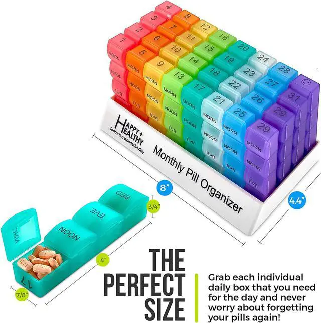 Alt view image 5 of 7 - Month Pill Box Organizer - 4 Times-a-Day Morning-Noon-Evening-Night - Large 32 Daily Pill Cases with Compartments for Vitamins, Supplements, Medication -Travel Monthly Pill Organizer, Rainbow