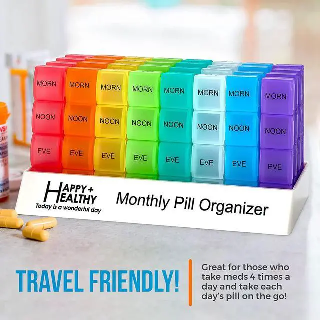 Alt view image 4 of 7 - Month Pill Box Organizer - 4 Times-a-Day Morning-Noon-Evening-Night - Large 32 Daily Pill Cases with Compartments for Vitamins, Supplements, Medication -Travel Monthly Pill Organizer, Rainbow