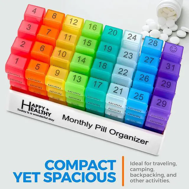 Alt view image 6 of 7 - Month Pill Box Organizer - 4 Times-a-Day Morning-Noon-Evening-Night - Large 32 Daily Pill Cases with Compartments for Vitamins, Supplements, Medication -Travel Monthly Pill Organizer, Rainbow