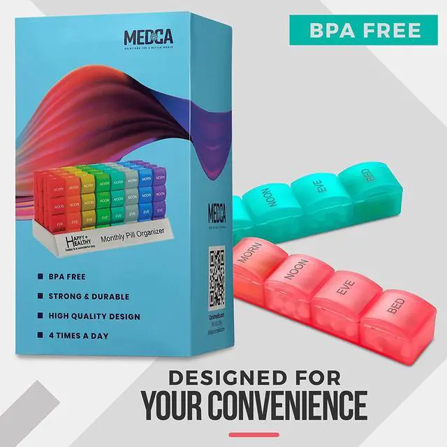 Alt view image 7 of 7 - Month Pill Box Organizer - 4 Times-a-Day Morning-Noon-Evening-Night - Large 32 Daily Pill Cases with Compartments for Vitamins, Supplements, Medication -Travel Monthly Pill Organizer, Rainbow