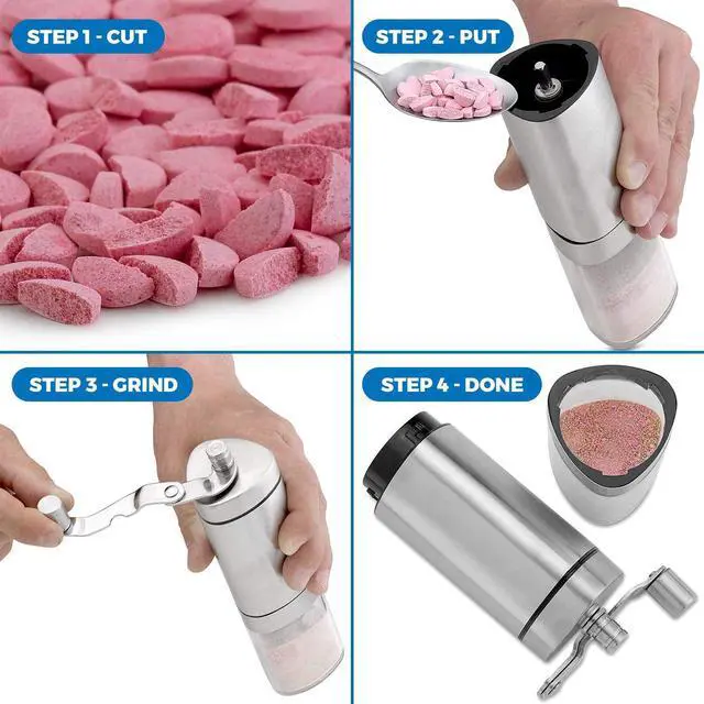 Alt view image 3 of 7 - Pill Grinder - Pro Manual Pill Crusher and Cutter Crush, Grind and Pulverize Multiple Pills and Tablets to Fine Powder Use for Seniors, Feeding Tubes, Kids or Dogs, Cats, & Pets, Stainless Steel