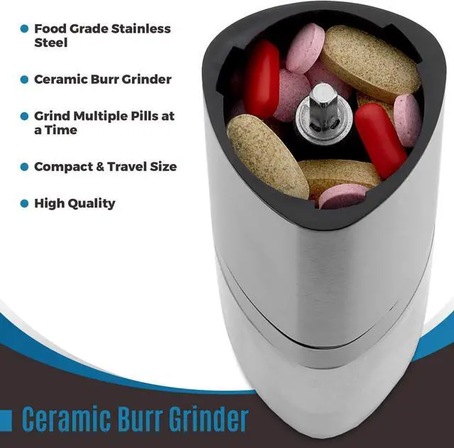 Alt view image 4 of 7 - Pill Grinder - Pro Manual Pill Crusher and Cutter Crush, Grind and Pulverize Multiple Pills and Tablets to Fine Powder Use for Seniors, Feeding Tubes, Kids or Dogs, Cats, & Pets, Stainless Steel